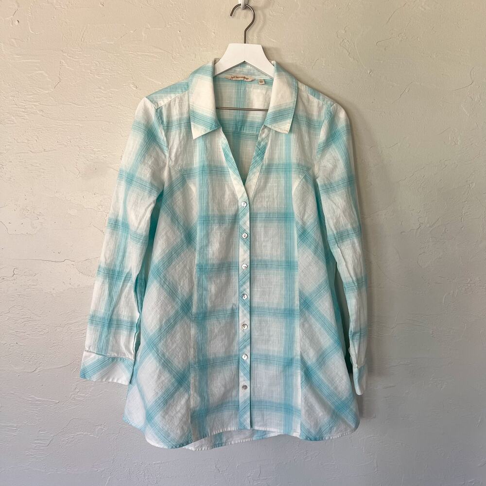 Soft Surroundings Paramour Plaid Tunic Large Blue White Button Front Shirt 2DT30